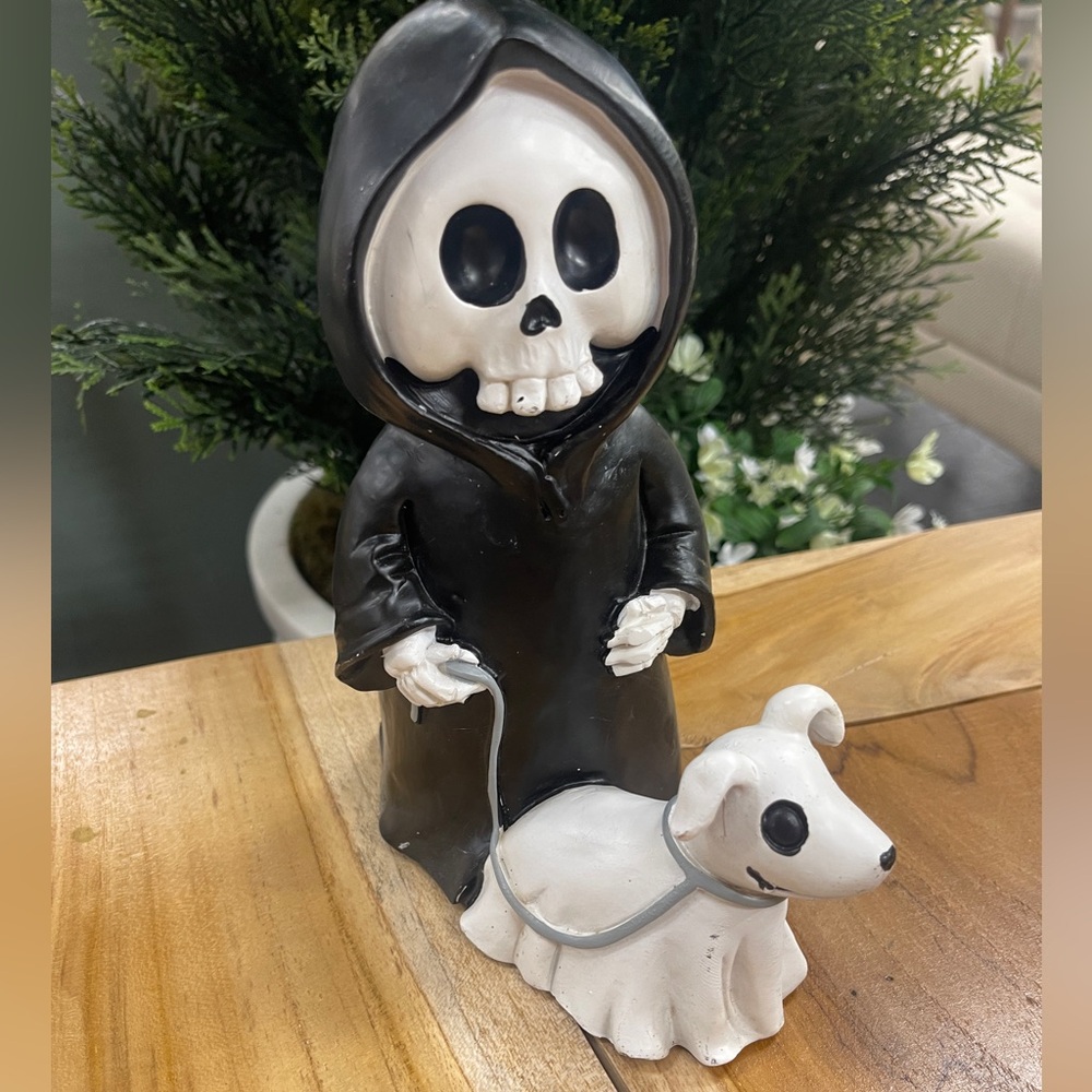 Halloween Grim Reaper Skeleton Walking a Ghost Dog Resin Tabletop Decor NWT